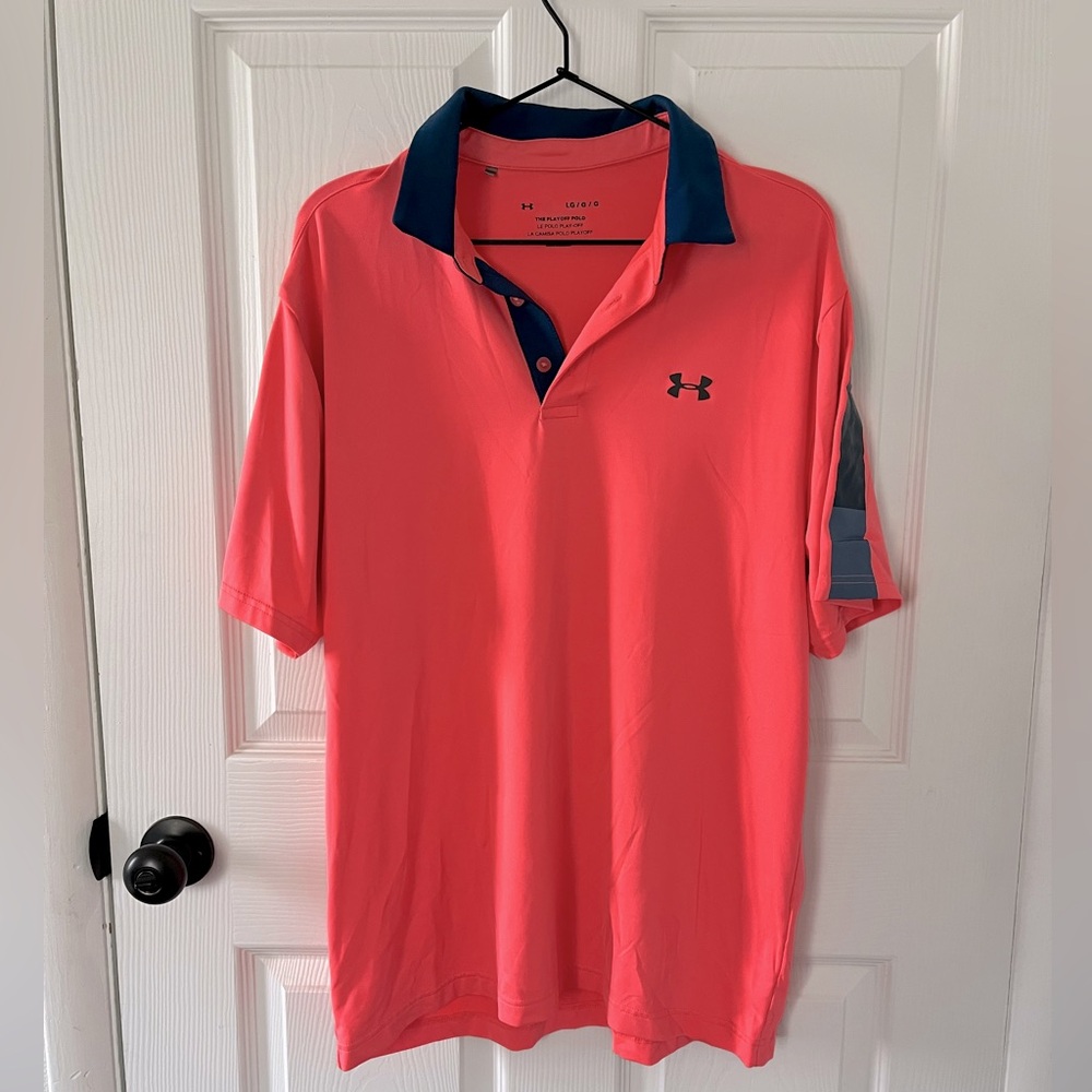 Under Armour Dri Fit Polo in Bright Salmon and Navy